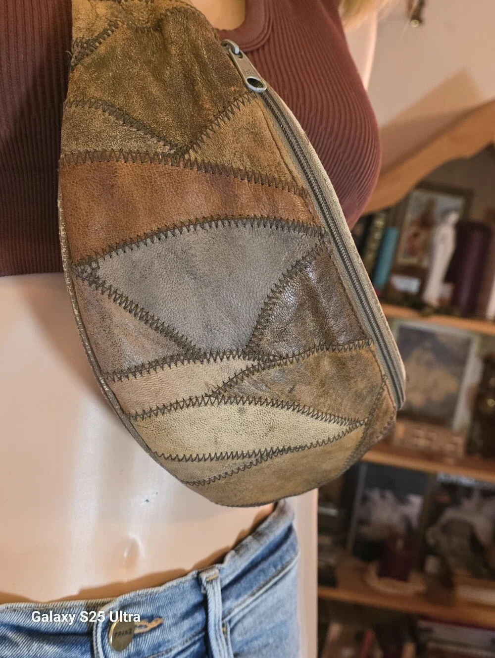 Vintage 90's Boho  Distressed Leather Patchwork Fanny Pack Sling Bag
